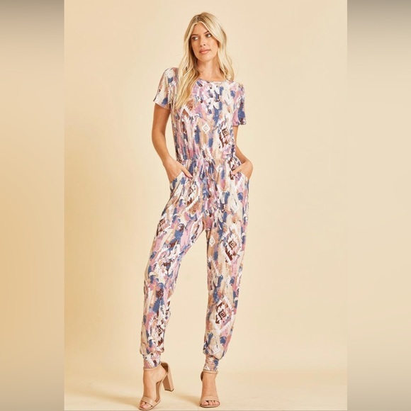 Sew In Love Pants - Sew in Love 3X Multi Color Aztec Print Short Sleeve Jumpsuit NWOT